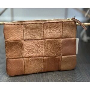 NWT PRIMECUT COGNAC‎ CHECKERED LEATHER POUCH CLUTCH SUEDE HANDMADE MADE IN USA